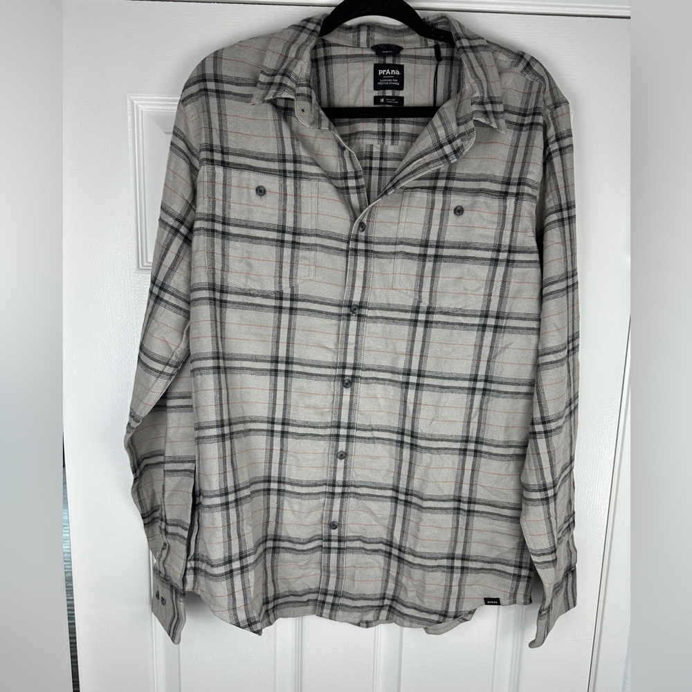 PrAna by Columbia Sportswear Dolberg Flannel Pebble Grey Shirt Men’s M Slim Fit